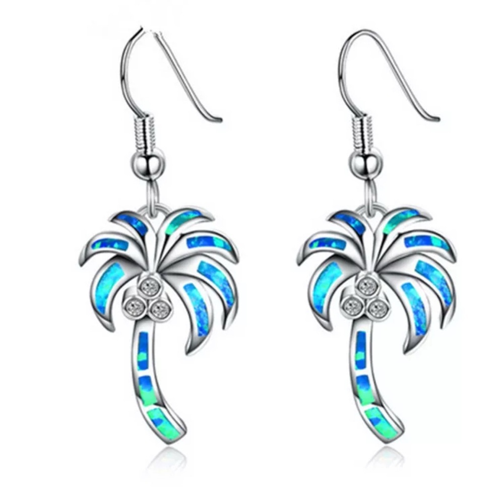 Blue Lab-Created Opal Inlay and CZ Palm Tree Drop Earrings in Sterling Silver